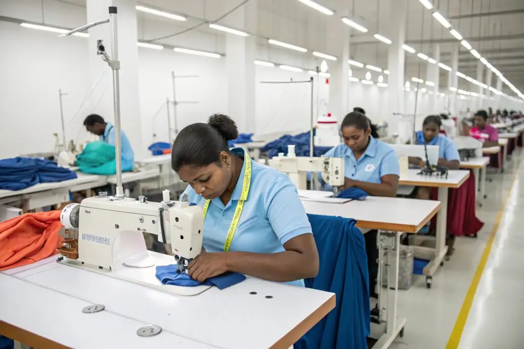 Garment workers sewing clothes in a large apparel manufacturing factory