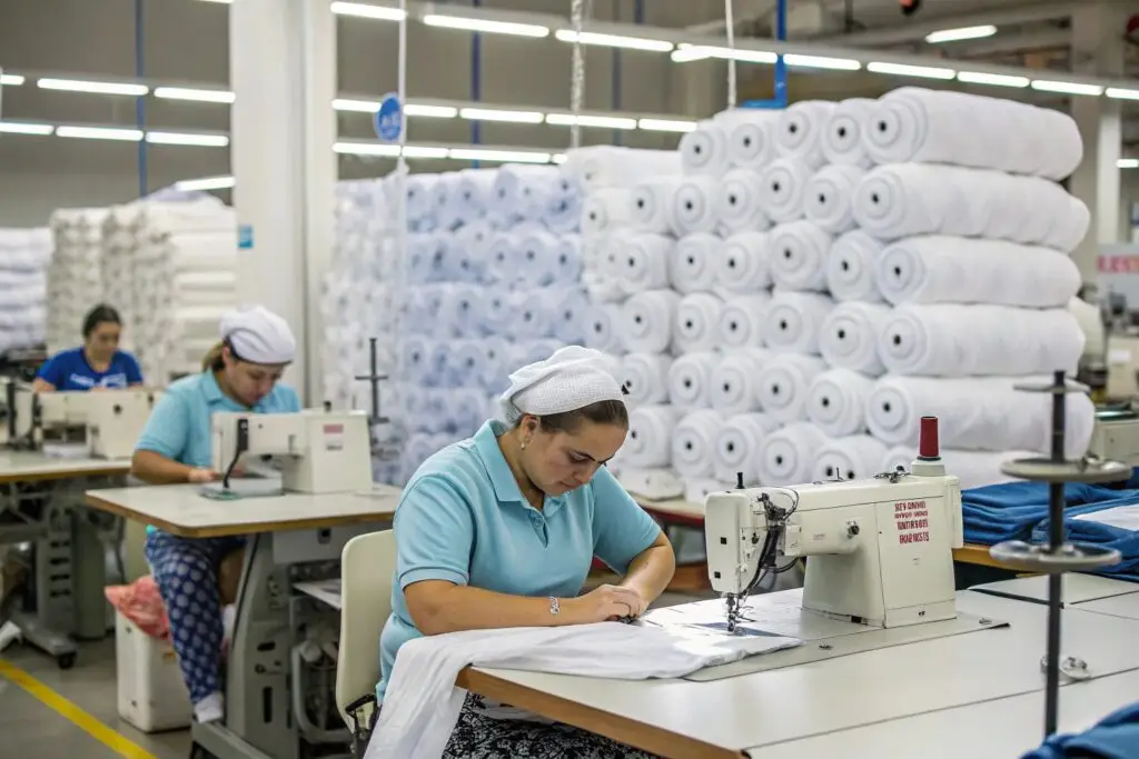 Garment factory workers sewing clothing, textile manufacturing process