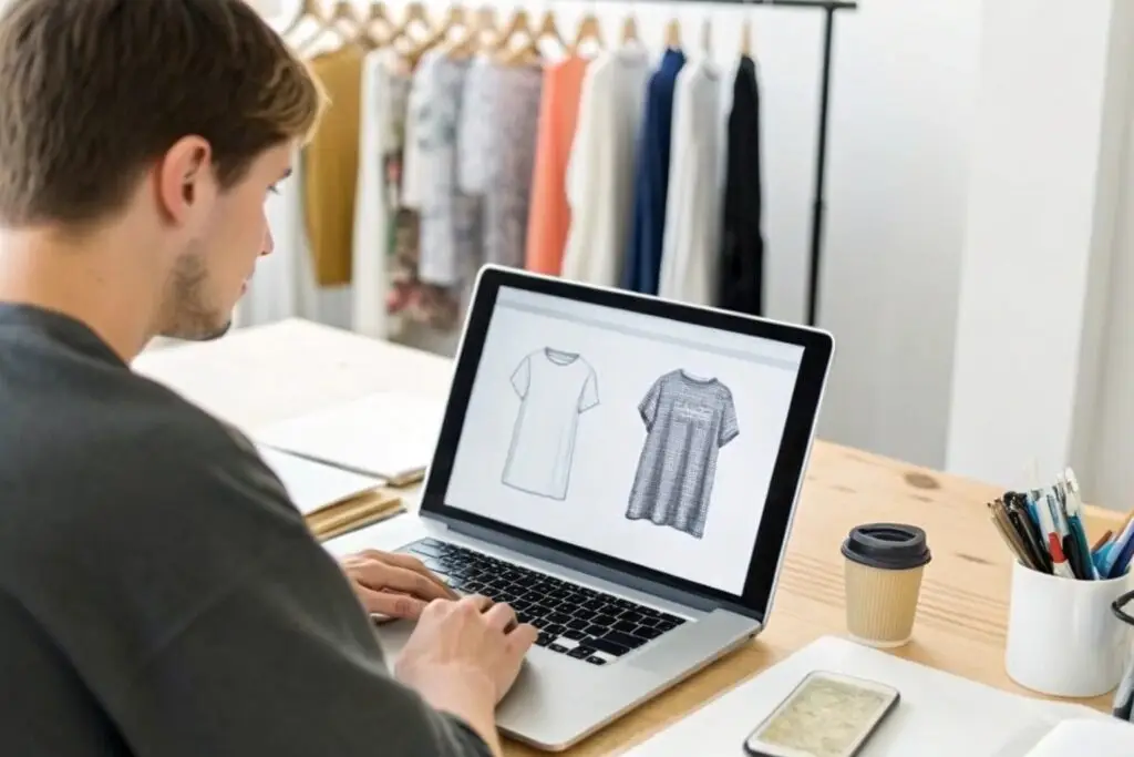 Fashion designer creating digital clothing sketches on a laptop