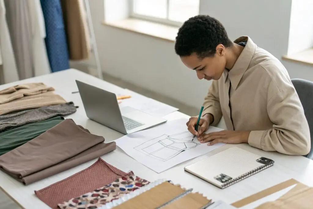 Fashion designer sketching apparel designs with fabric samples