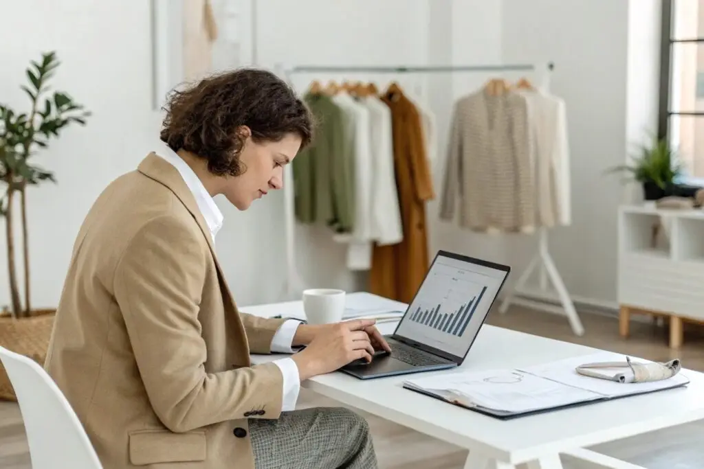 Fashion entrepreneur analyzing business growth data on a laptop