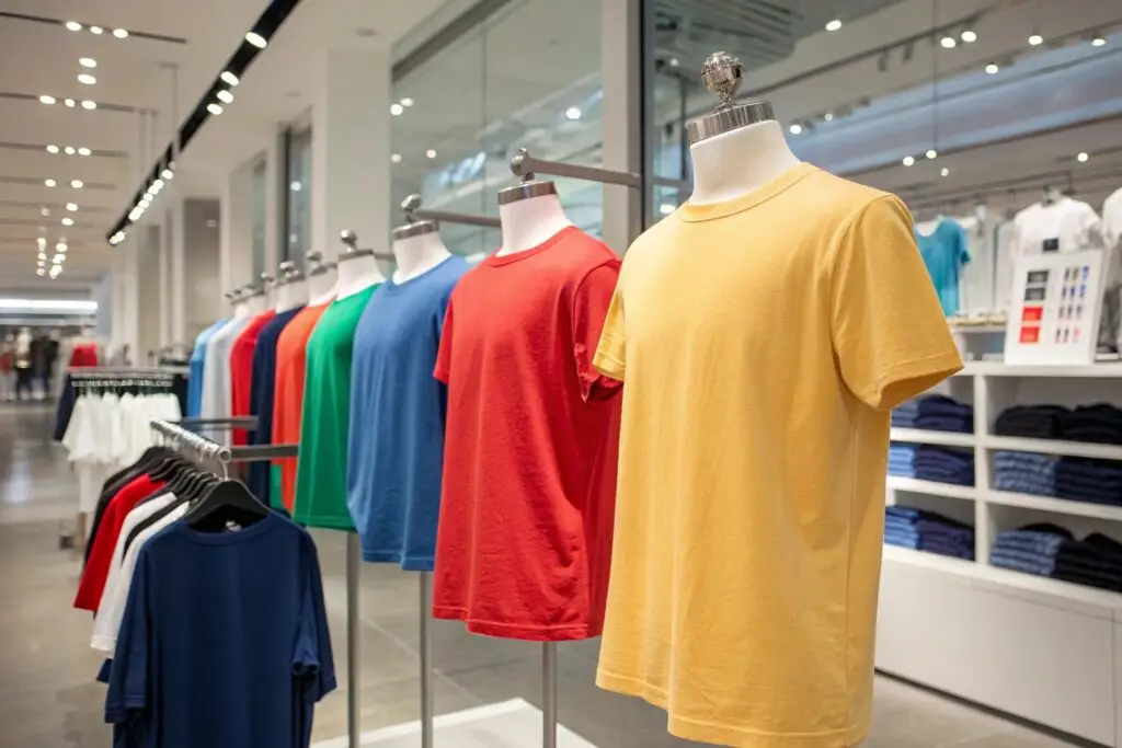 Colorful t-shirts displayed on mannequins in a modern showroom