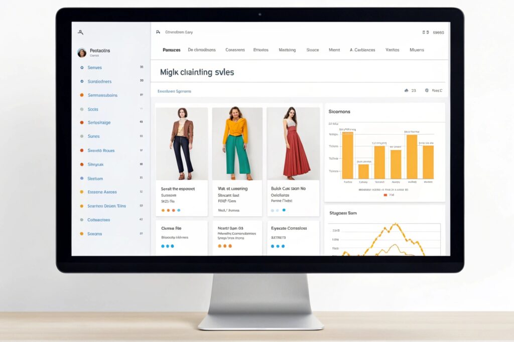 Computer screen displaying fashion e-commerce analytics and product listings