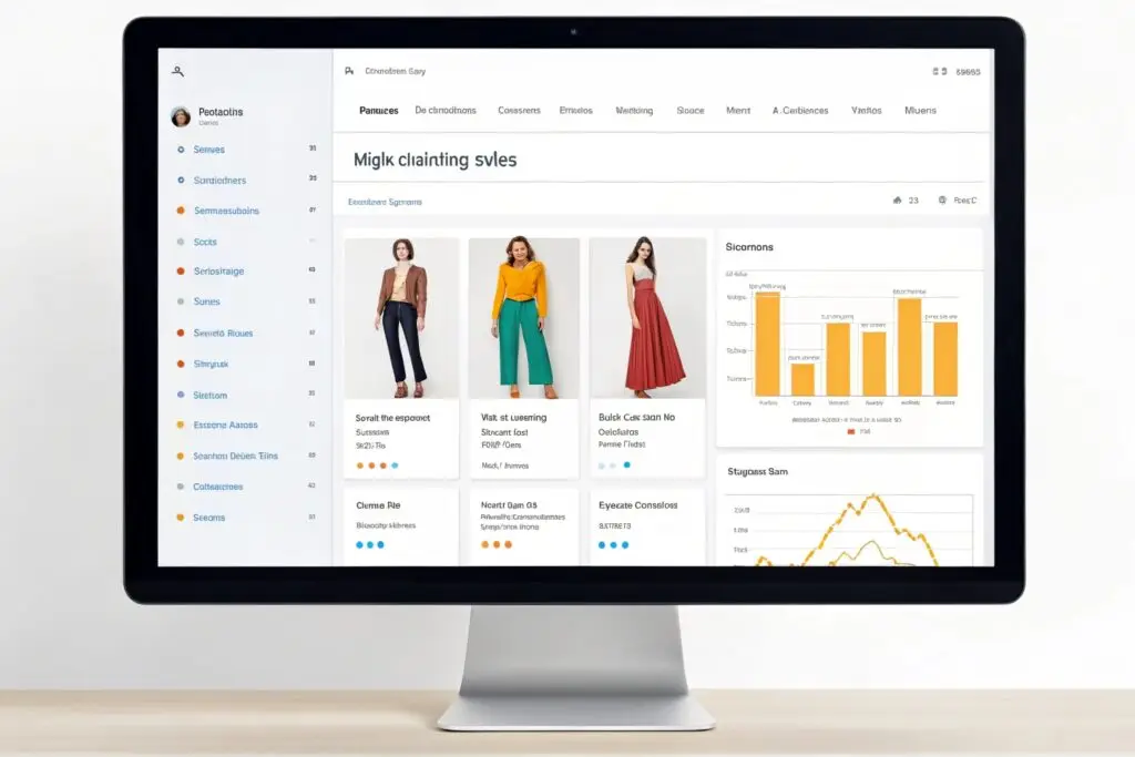 Computer screen displaying fashion e-commerce analytics and product listings