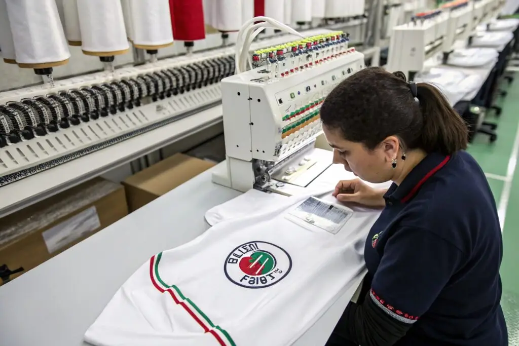 An embroidery machine stitching a custom logo onto a white polo shirt in a professional garment factory