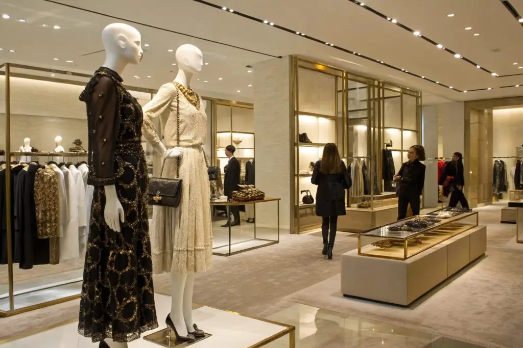 Luxury fashion boutique with mannequins and customers
