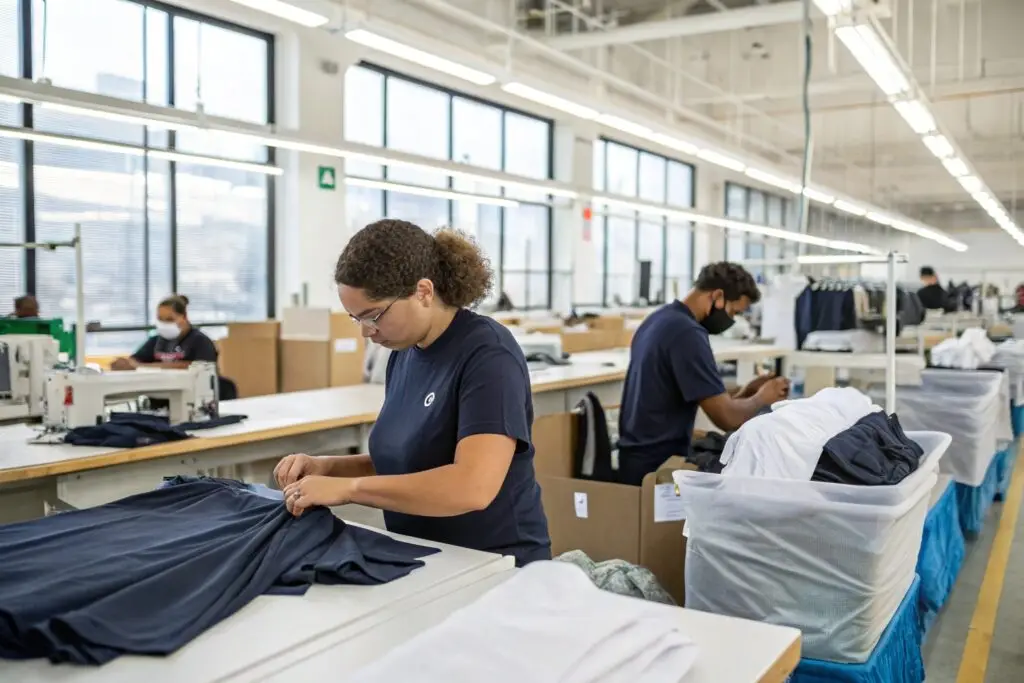 Workers inspecting and folding garments in a modern ethical production facility