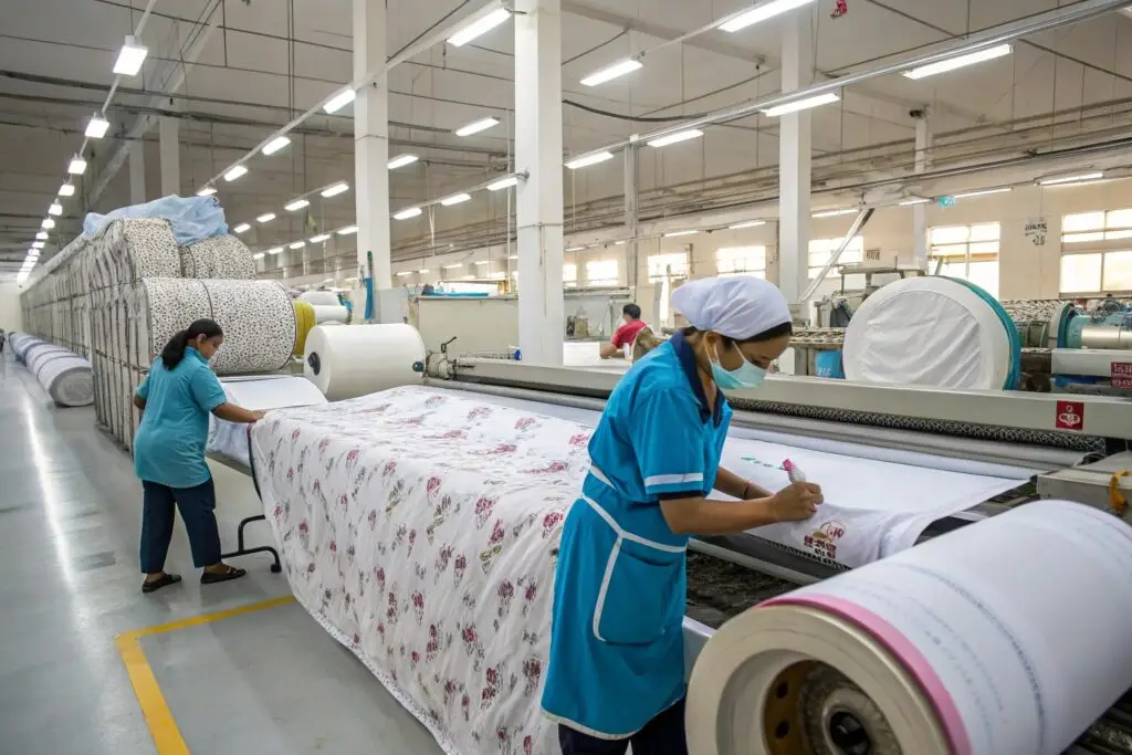 Workers processing fabric in textile manufacturing facility