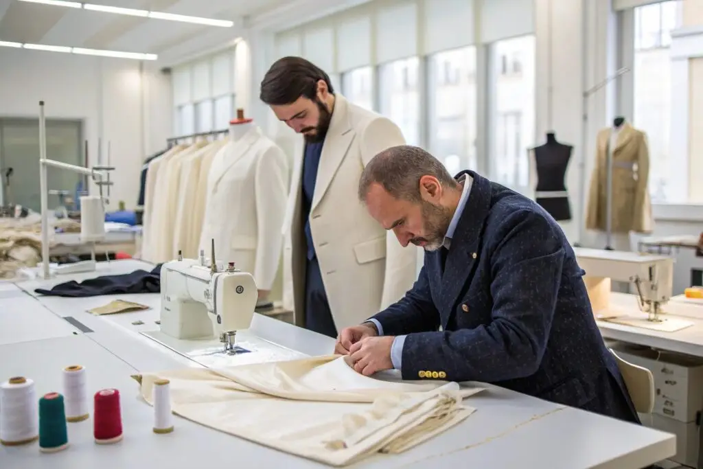 Skilled artisans meticulously crafting luxury suits.