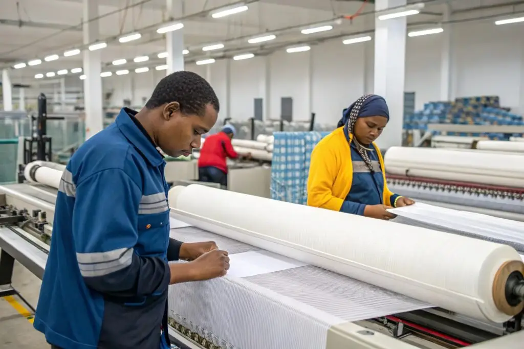 Textile factory workers inspecting fabric rolls for quality control