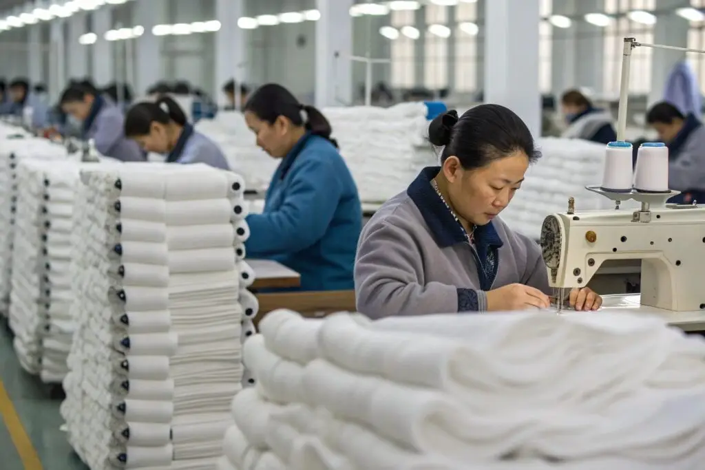 Garment factory workers sewing high-quality fabrics