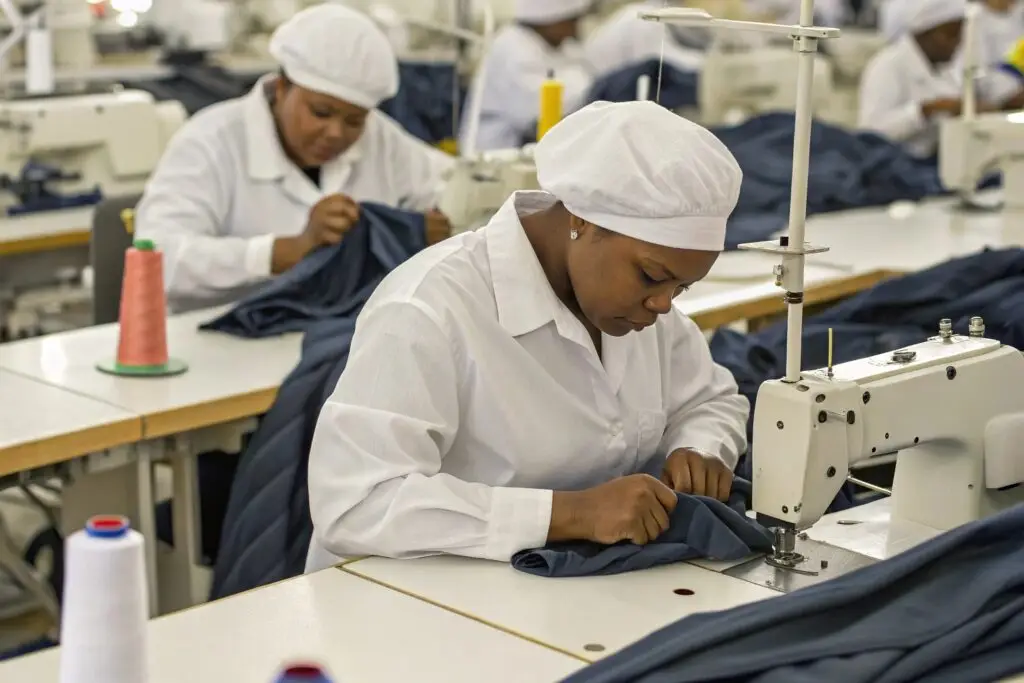 Skilled workers sewing garments in a modern textile factory.
