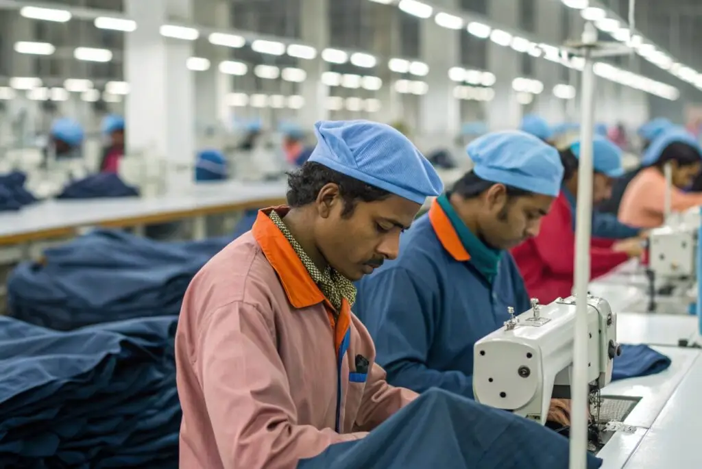 Workers sewing in a factory, focused on garment production