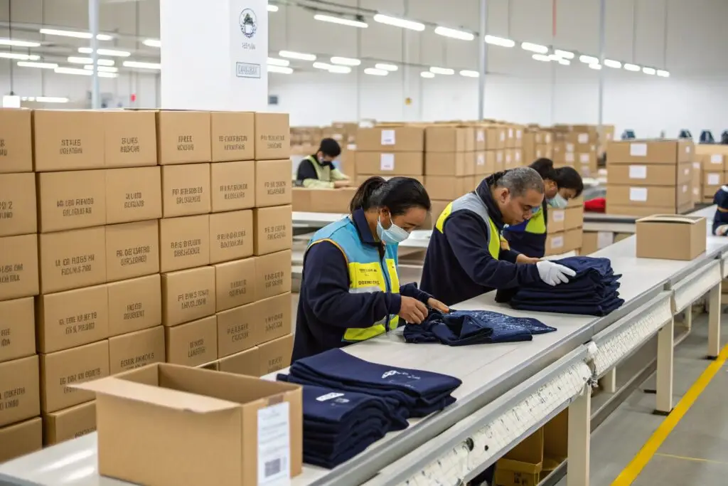 Workers packaging finished garments in a warehouse