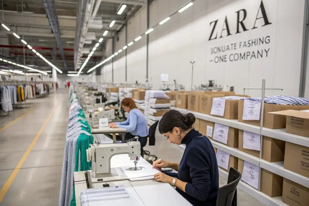 Workers sewing garments in a large apparel manufacturing factory