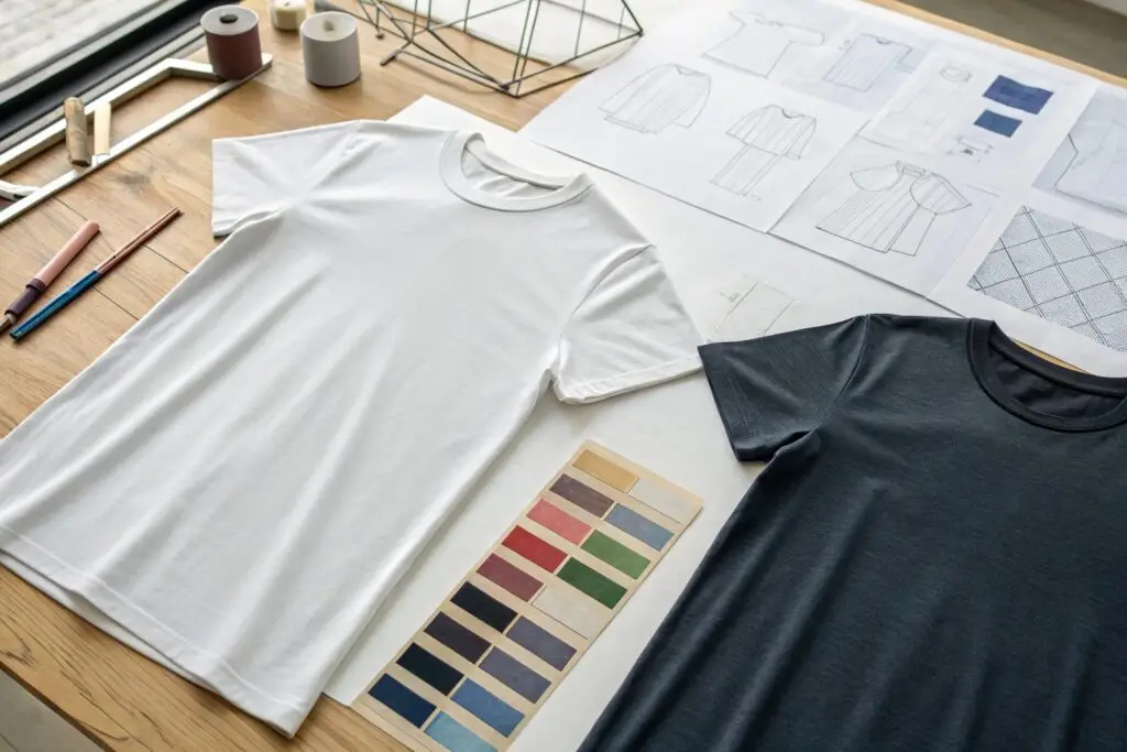 Two t-shirts side by side with color swatches and sketches