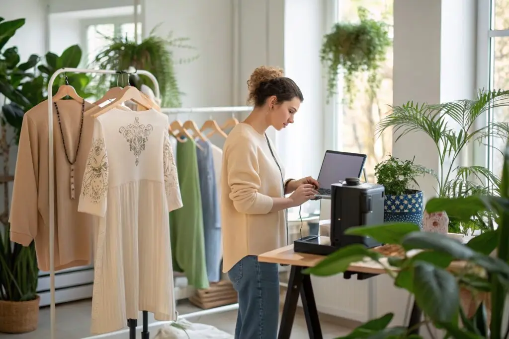 Fashion designer working on laptop in a sustainable clothing studio with plants