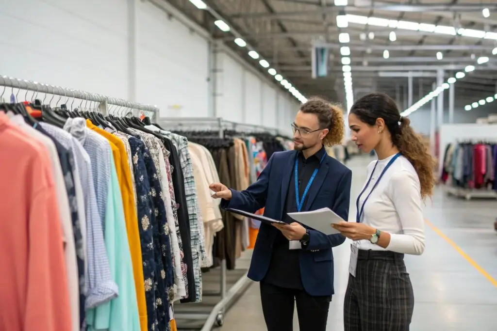 Fashion buyers inspecting clothing collection in a wholesale warehouse