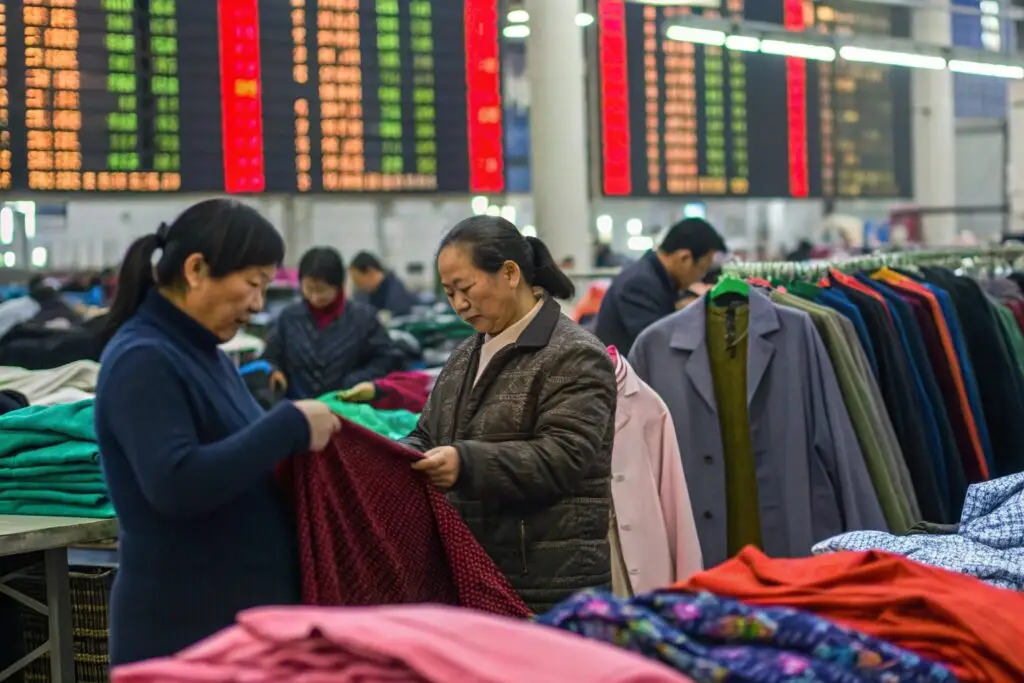 Wholesale apparel market with buyers selecting clothing