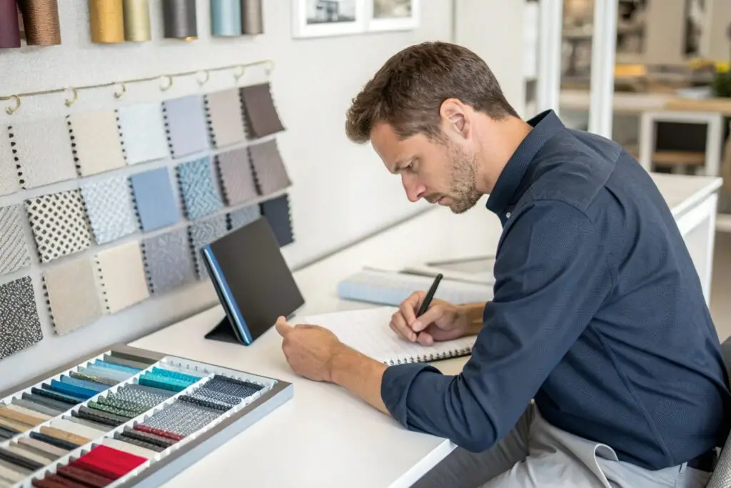 Designer working with fabric swatches and creating designs in studio