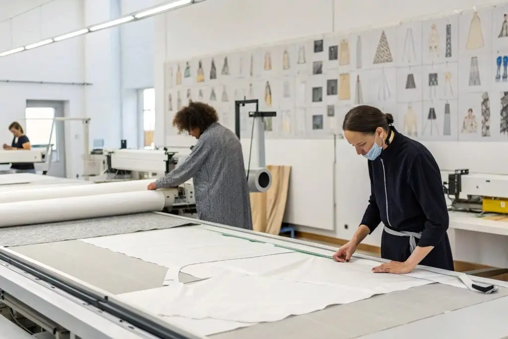 Garment designers measuring and cutting fabric in a fashion studio