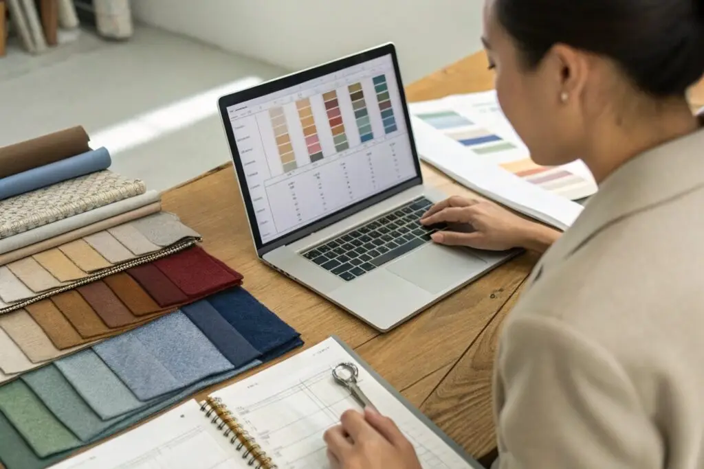 Fashion designer analyzing fabric color swatches and data