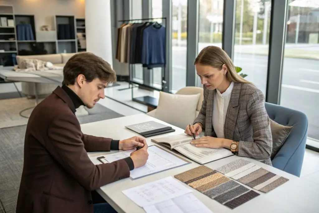 Fashion professionals discussing fabric choices and design details