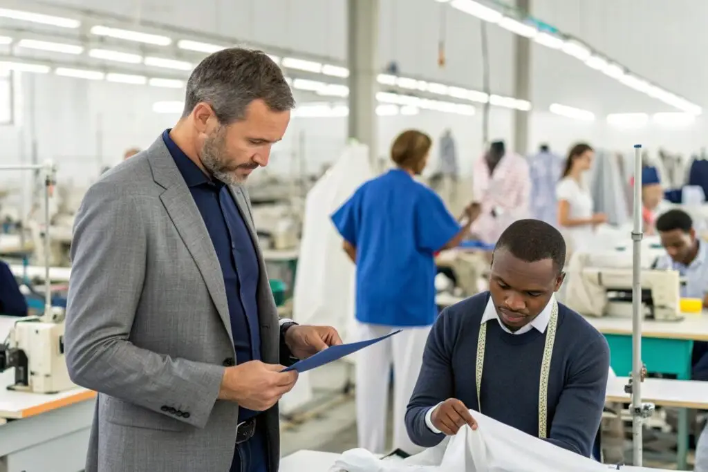 Factory manager inspecting garment production process