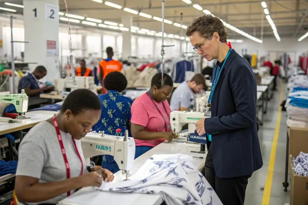 Garment factory workers sewing high-quality apparel
