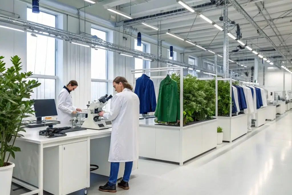 Scientists researching sustainable textiles in a modern fashion lab