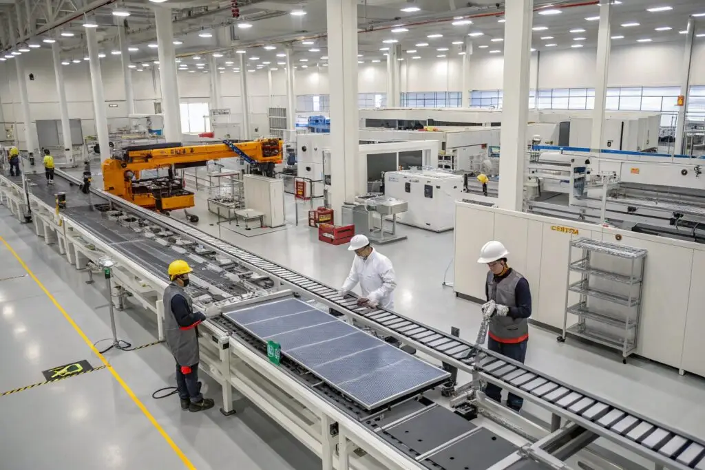 Manufacturing process in a high-tech factory with workers and advanced equipment