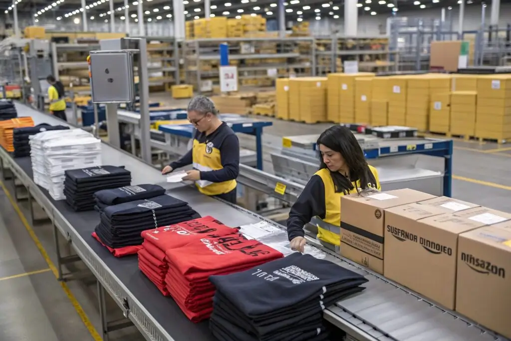 Warehouse workers sorting and packaging clothing orders