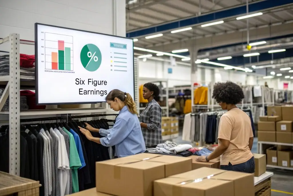 Employees organizing clothing in a fashion warehouse