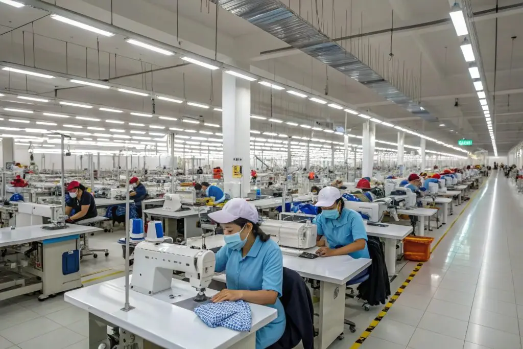 Garment factory with workers sewing clothes, bright and spacious production line