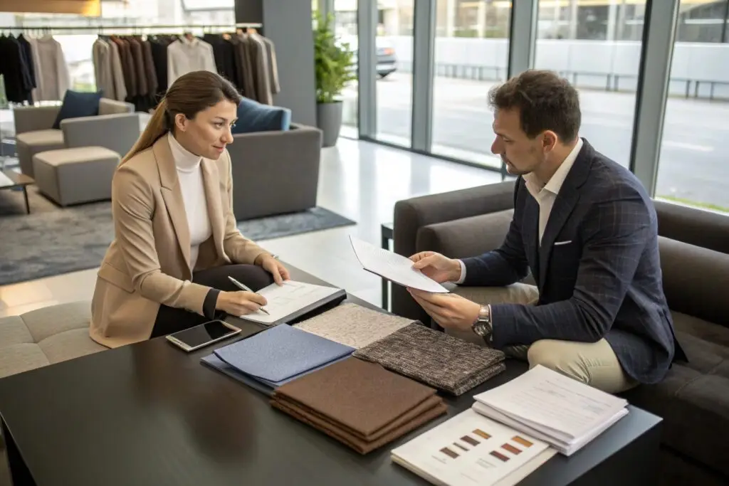Business meeting discussing fabric selection and contracts