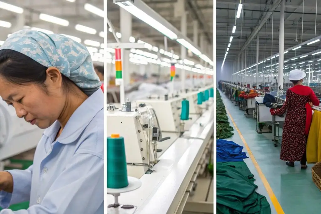 Garment factory workers and sewing machines in a production line