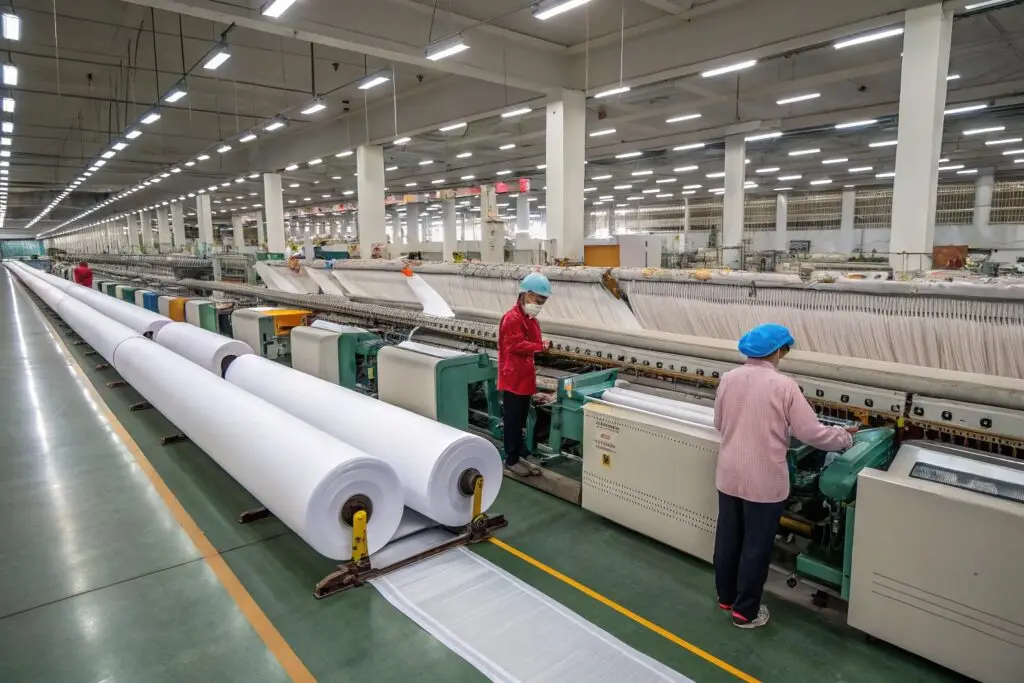 Textile production line with workers operating machines