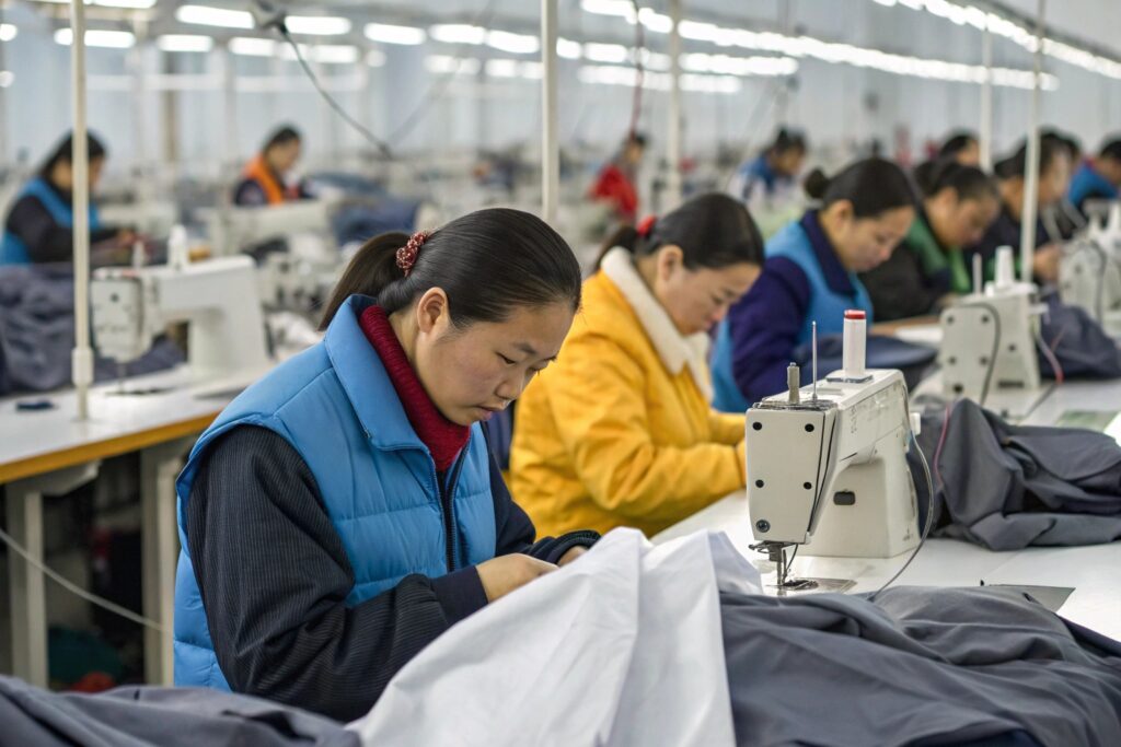 Skilled workers sewing garments in a large-scale clothing factory.