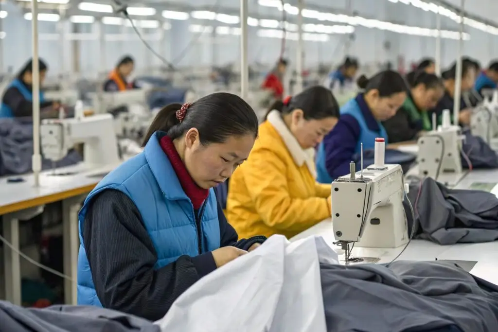 Skilled workers sewing garments in a large-scale clothing factory.