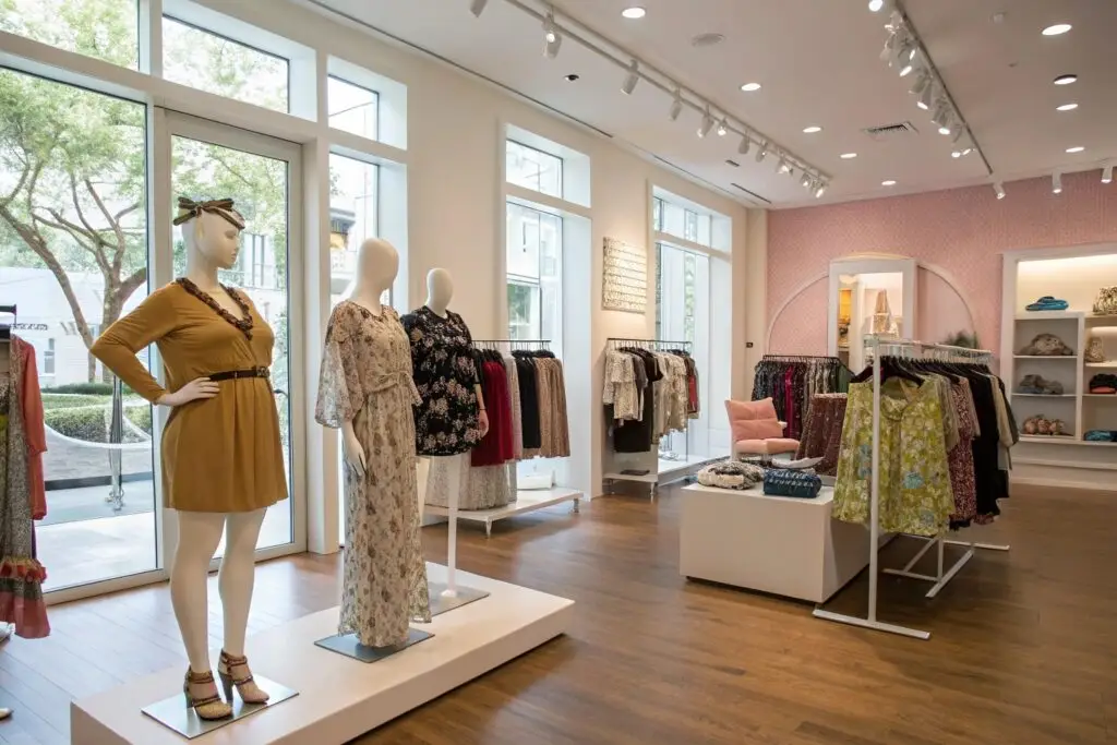 Elegant clothing boutique with stylish mannequins and fashion displays