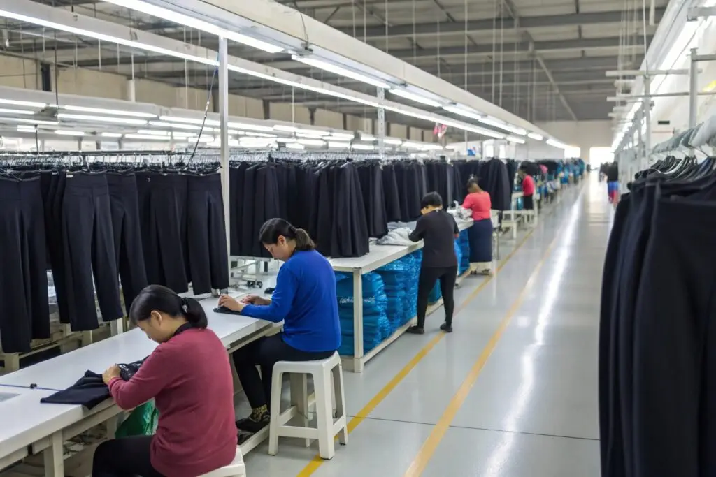 Workers inspecting garments in modern clothing factory