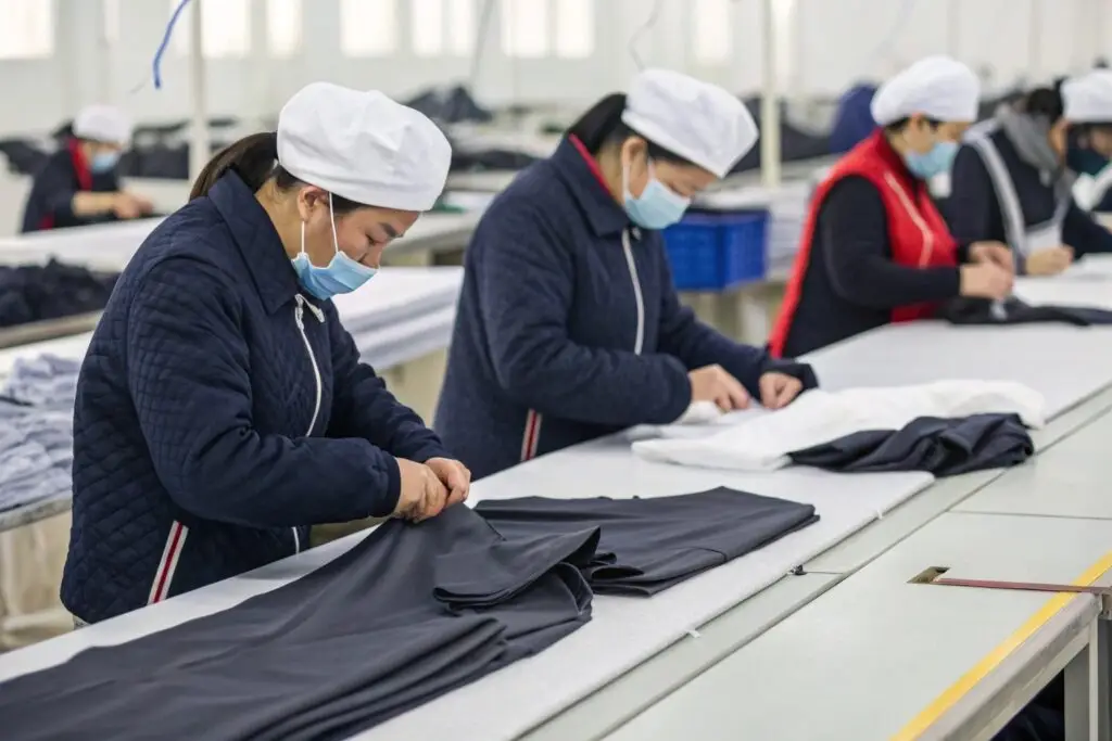 Workers inspecting garments in factory setting