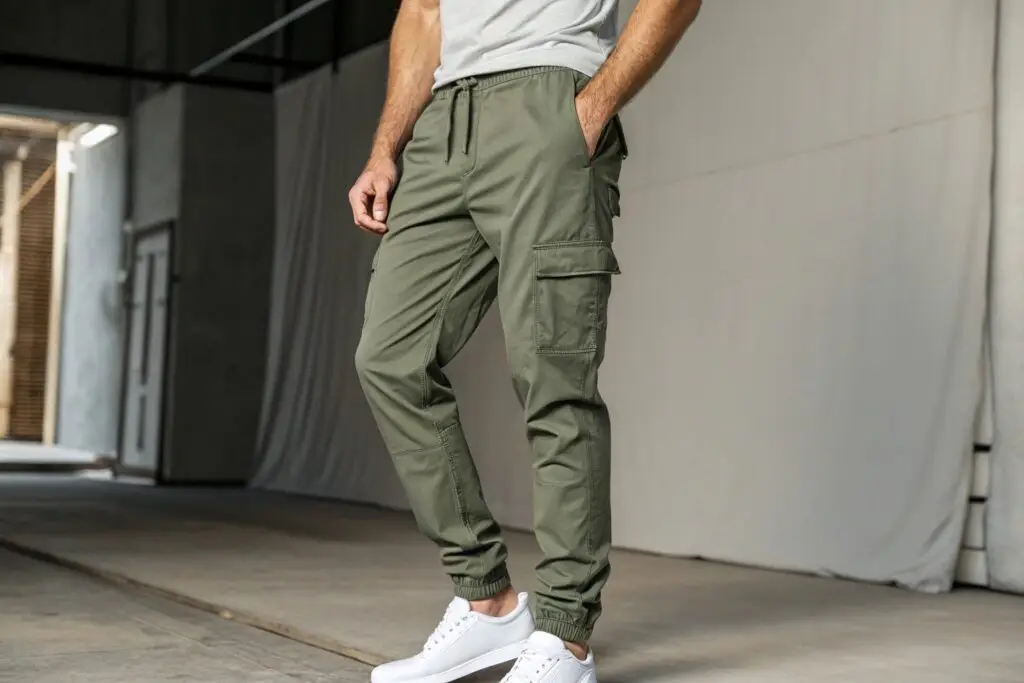 Men's green cargo jogger pants with multiple pockets, casual and functional