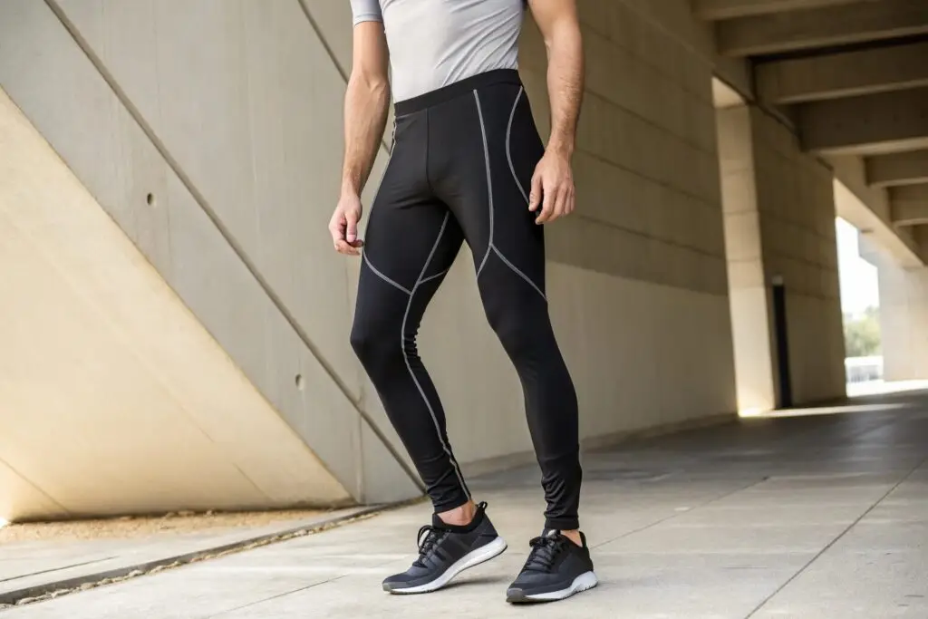 Men's black compression leggings with contrast stitching, flexible and breathable