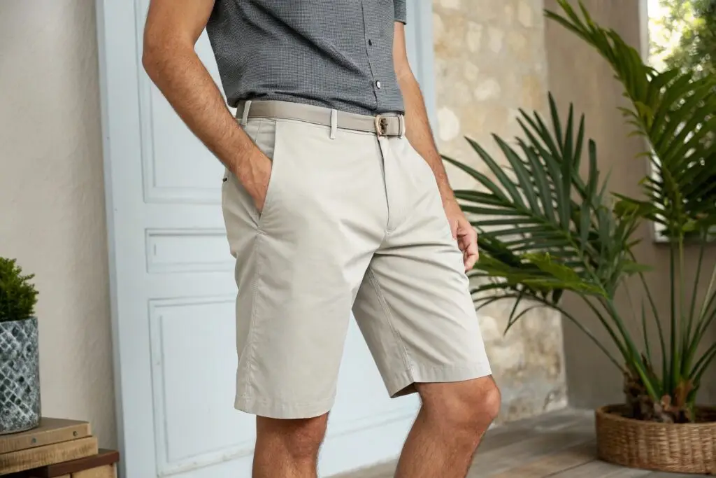 Men's beige chino shorts, classic summer fashion