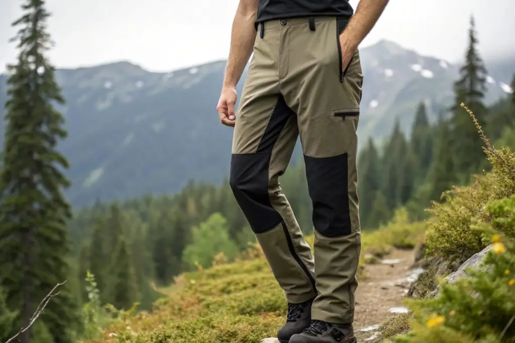 Men's outdoor hiking pants in khaki with black patchwork, durable and weather-resistant
