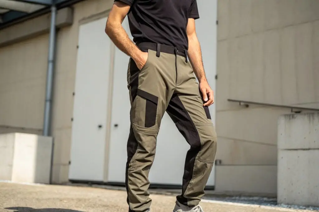 Men's tactical cargo pants in khaki with black patchwork, durable and functional