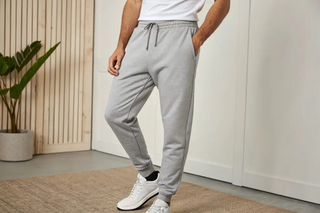 Men's grey sweatpants with drawstring waist, casual and comfortable style