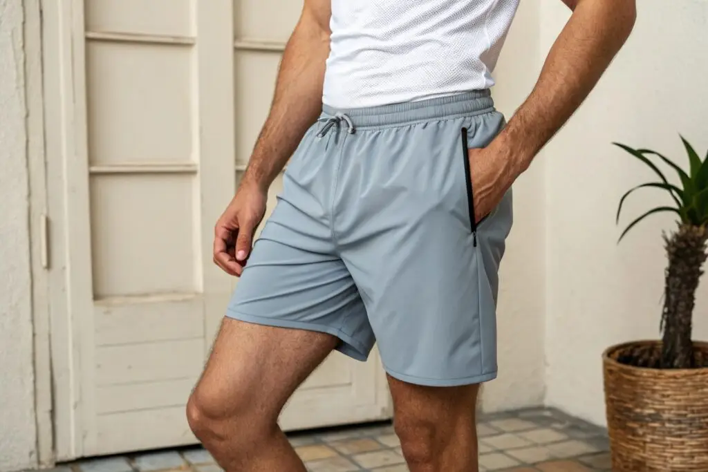 Men's light gray athletic shorts with zippered pockets, breathable and comfortable