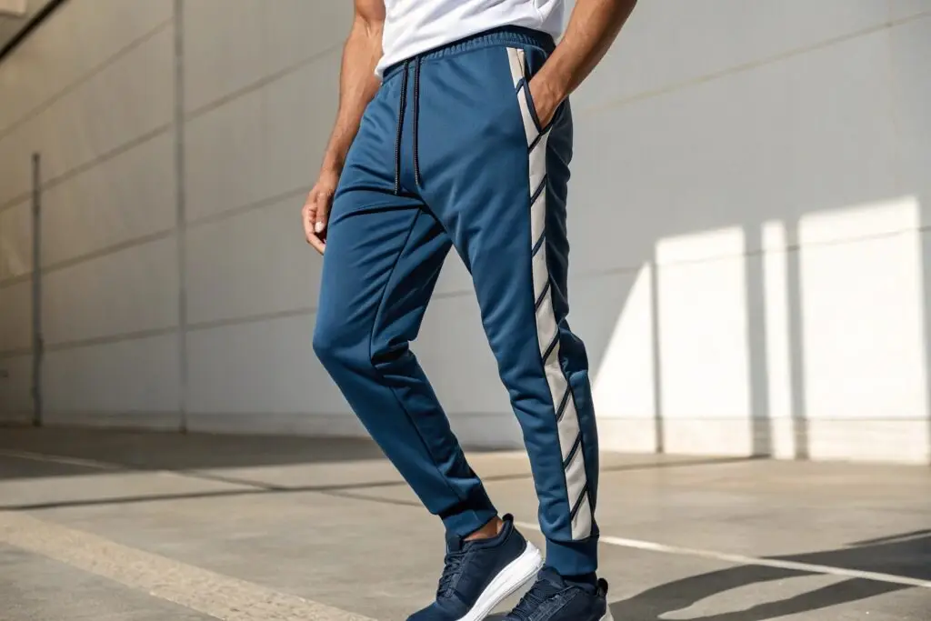 Men's navy blue athletic joggers with side stripe design, stylish and comfortable